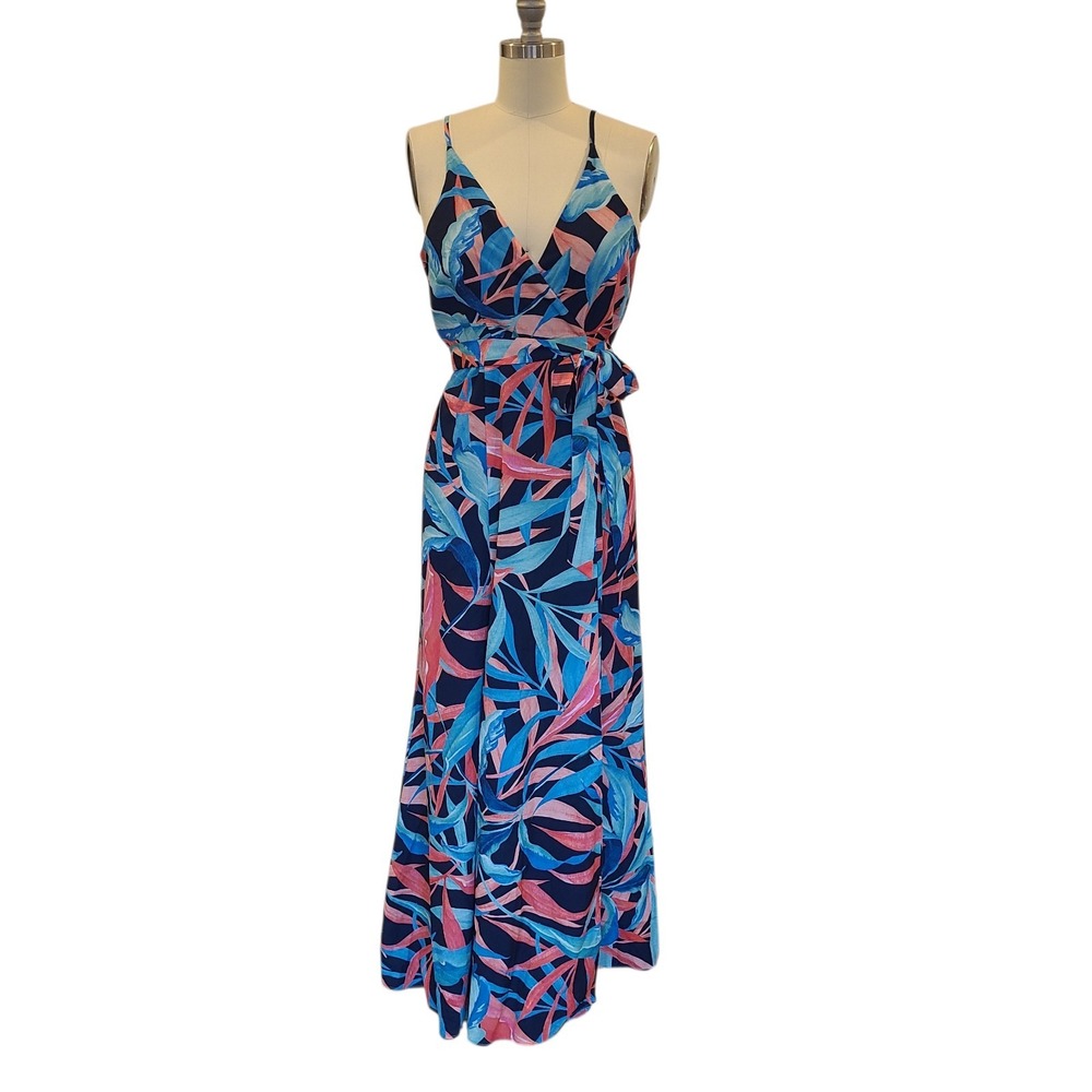 Anthropologie Hutch‎ Wrap Maxi Dress Tropical Floral Blue Medium Petite  Beach